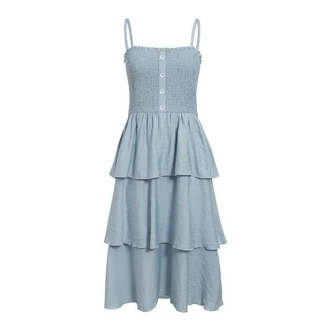 Holiday Sleeveless Summer Ruched High Waist Buttons Ruffled Sundress Casual Solid Beach Dress