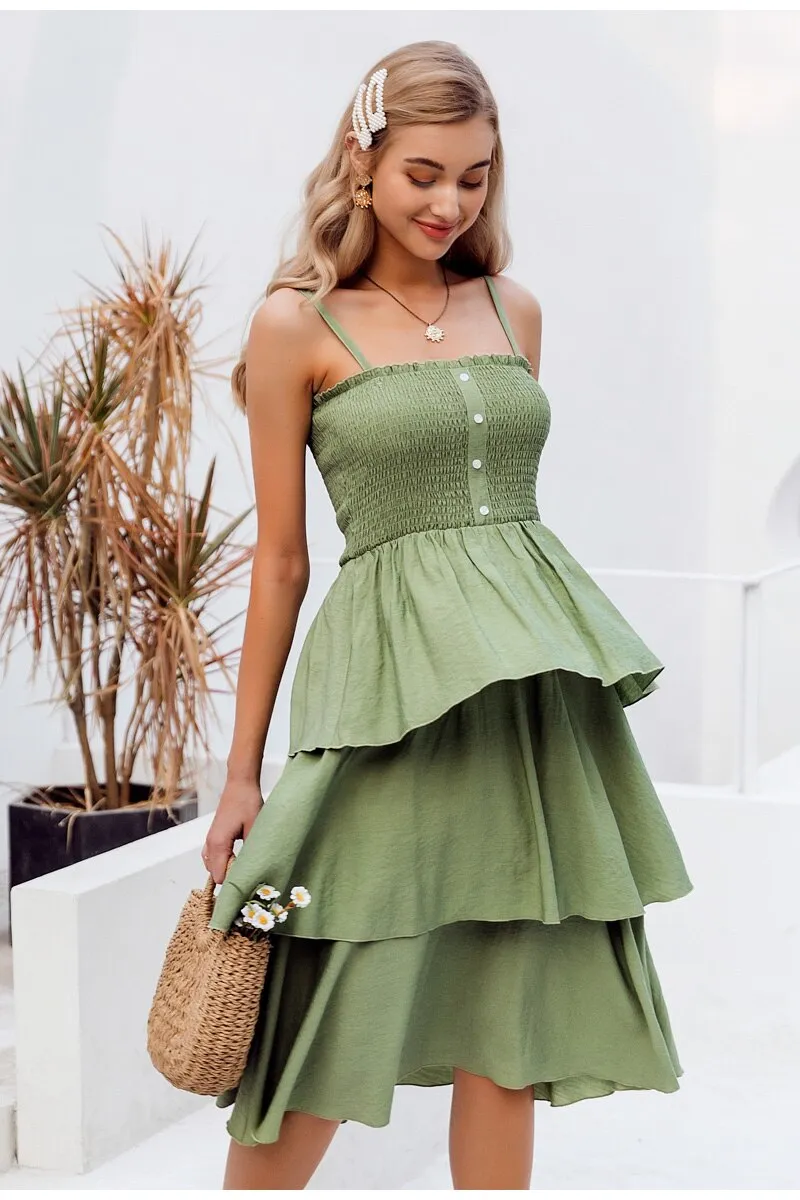 Holiday Sleeveless Summer Ruched High Waist Buttons Ruffled Sundress Casual Solid Beach Dress