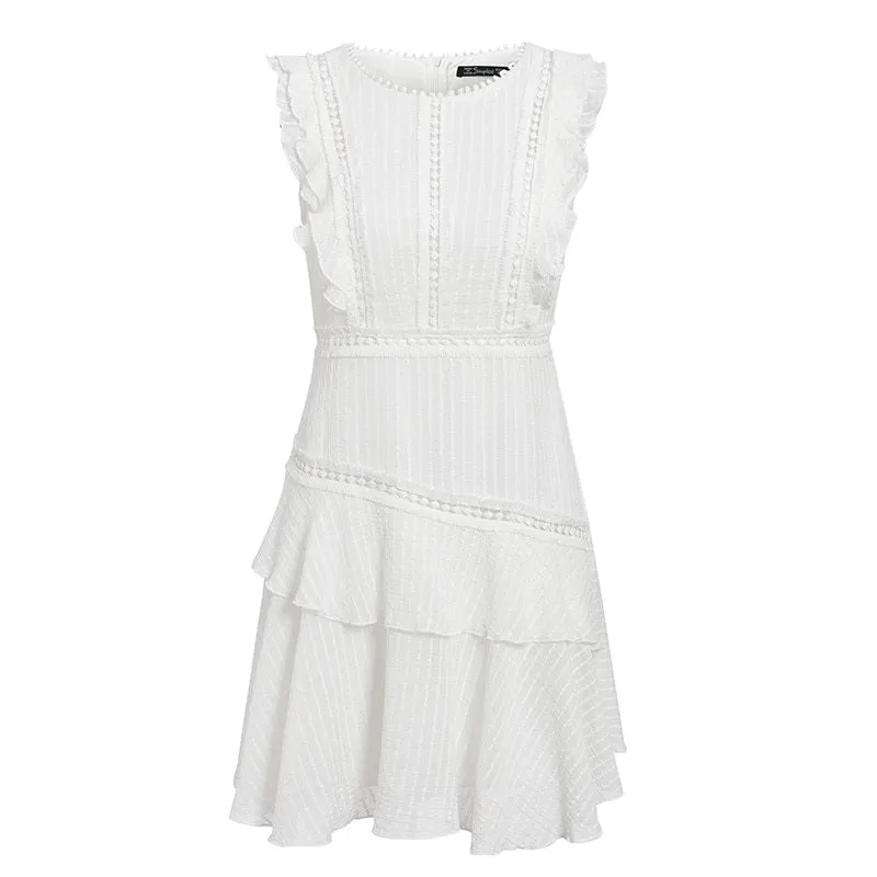 Hollow Out Sleeveless Ruffled Solid Lace Holiday Summer O-neck Striped Ruched Bodycon Mini Dress