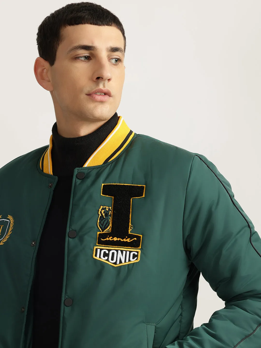 Iconic Men Green Solid Stand Collar Full Sleeves Bomber Jacket