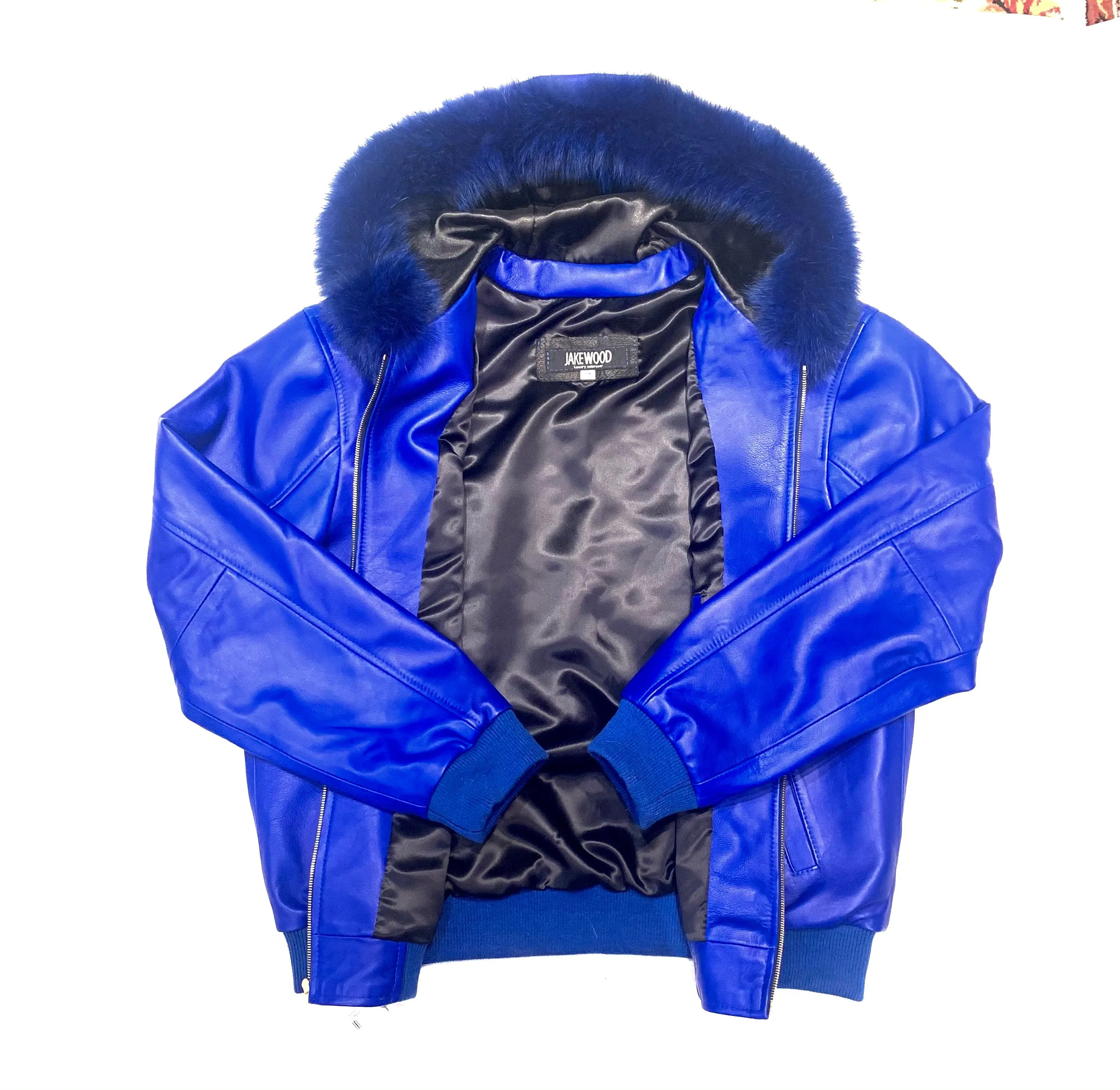 Kashani Royal Blue Lambskin Fox Hooded Bomber Jacket