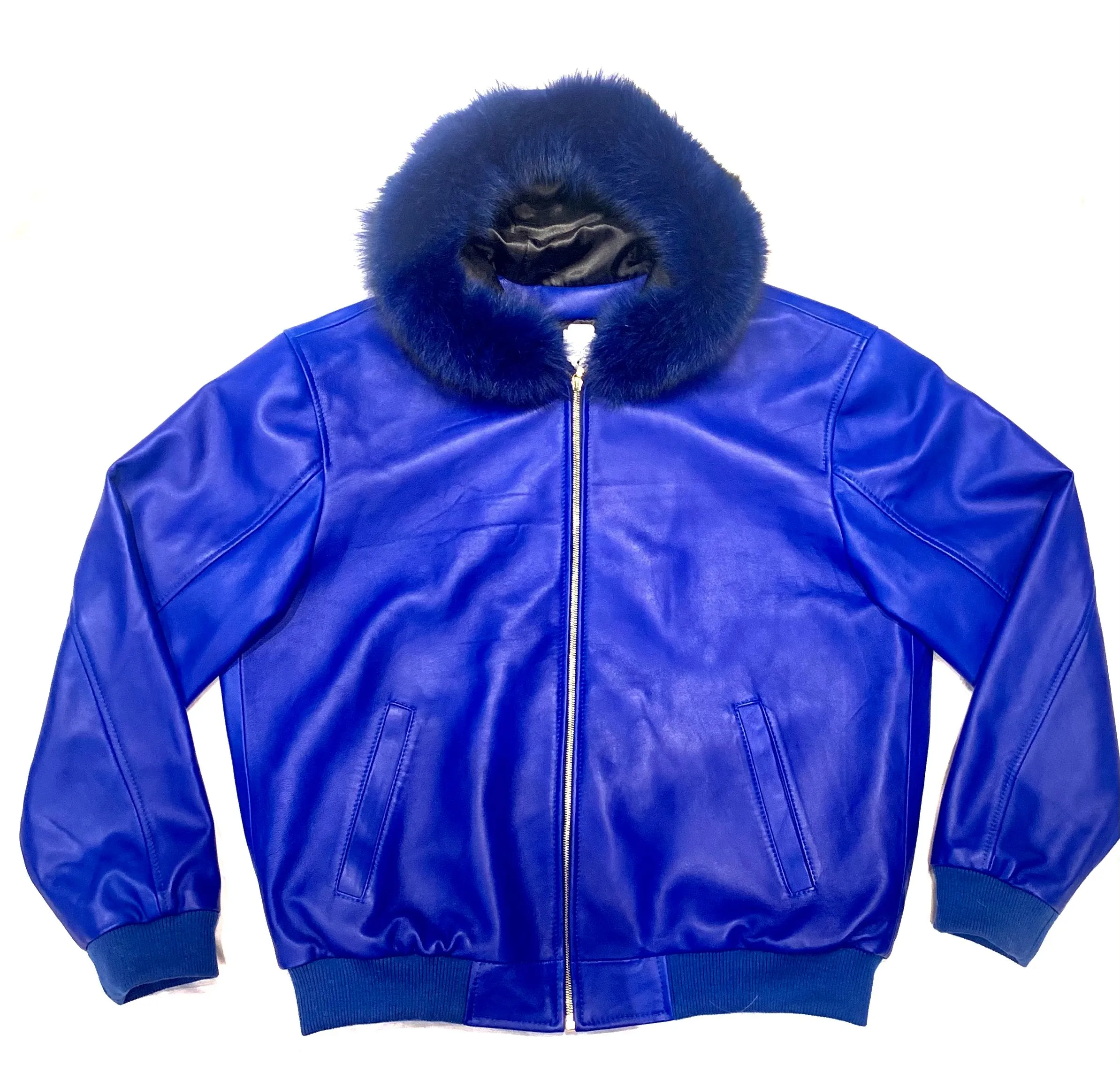 Kashani Royal Blue Lambskin Fox Hooded Bomber Jacket