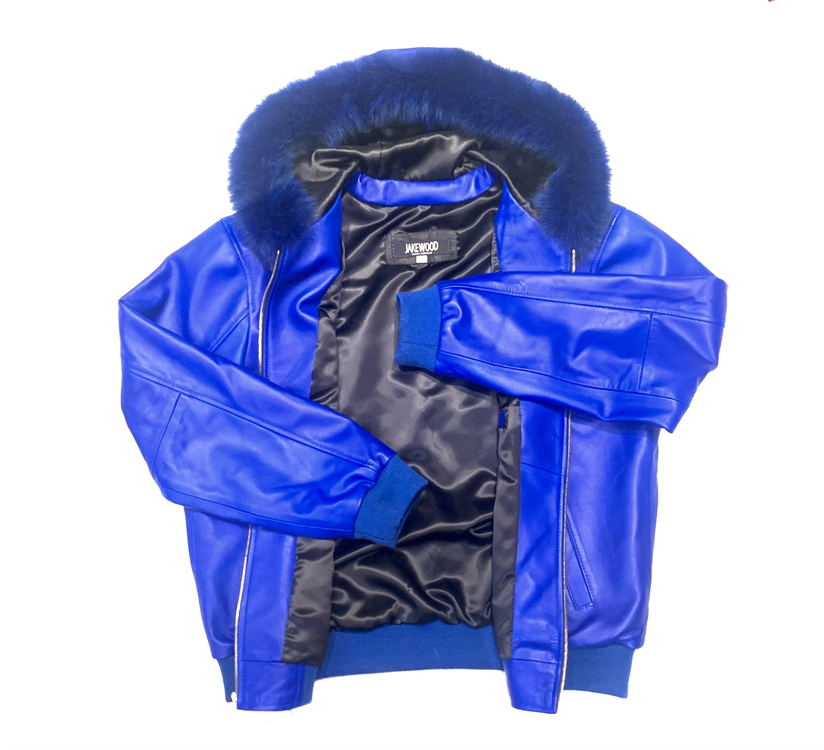 Kashani Royal Blue Lambskin Fox Hooded Bomber Jacket