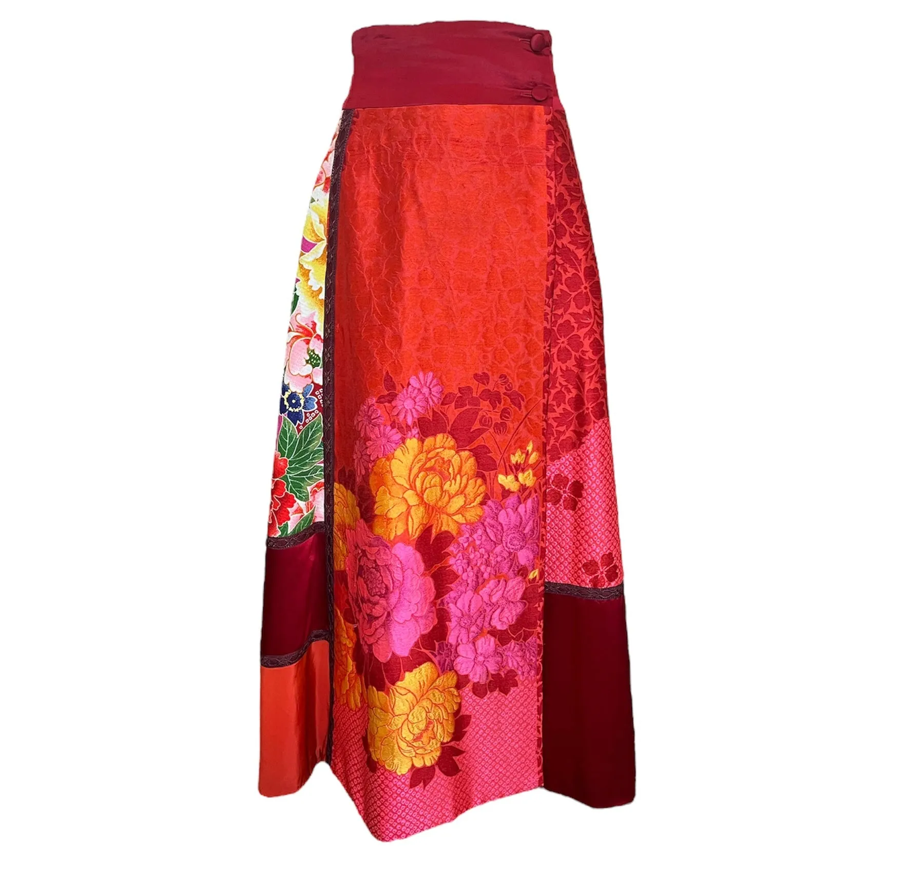 KENZO 2000s Silk Japanese Inspired Patchwork Maxi Skirt