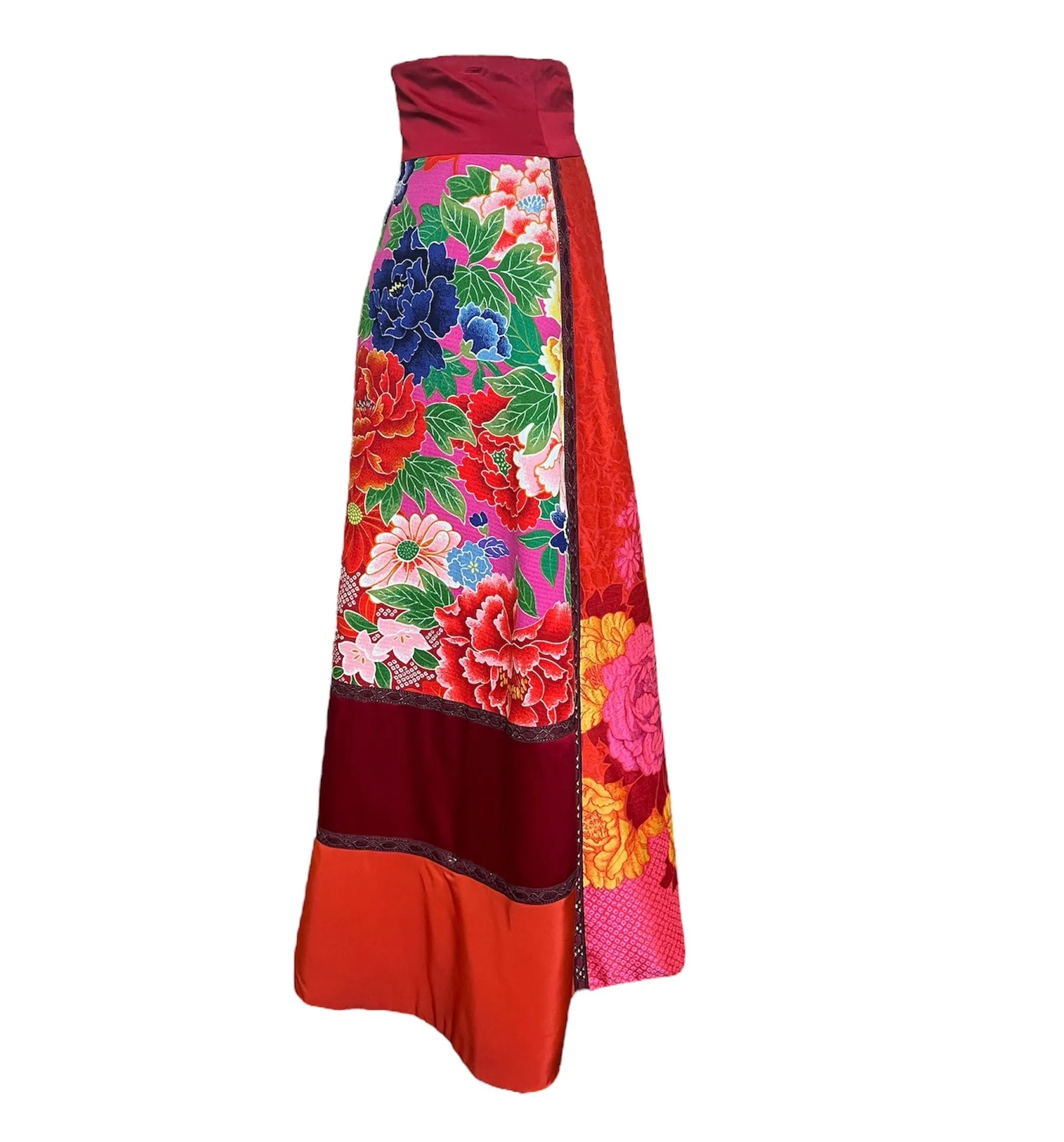 KENZO 2000s Silk Japanese Inspired Patchwork Maxi Skirt