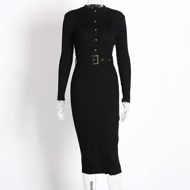 Knitted Button Long Sleeve Pencil Midi Dress