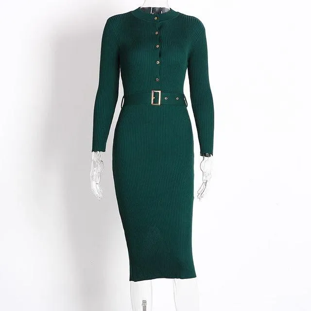 Knitted Button Long Sleeve Pencil Midi Dress