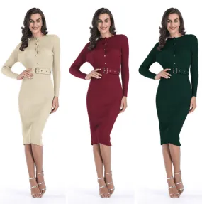 Knitted Button Long Sleeve Pencil Midi Dress