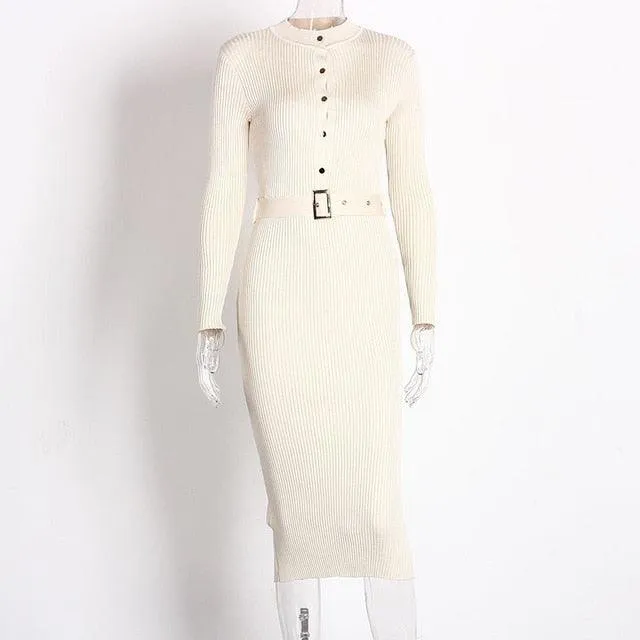 Knitted Button Long Sleeve Pencil Midi Dress