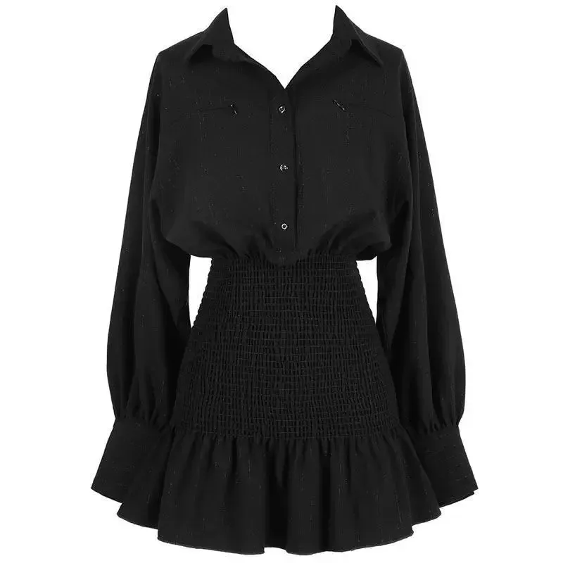 Korean Black Shirt Dress Kpop Fashion Bodycon Wrap Slim Sheath Dresses Designer Long Sleeve Outfits Autumn Streetwear