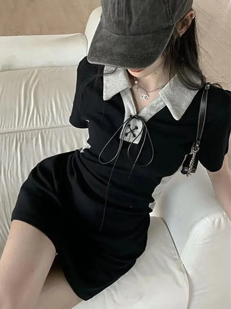 Korean Bodycon Tshirt Dress Women Casual Wrap Polo Collar Short Sleeve Dresses Summer Kpop Streetwear Design