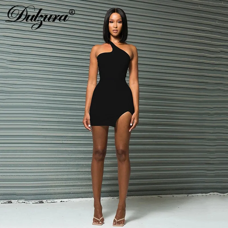 Lace Up Bandage Cross Slit Mini One Shoulder Sleeveless Bodycon Backless Streetwear Party Club Dress