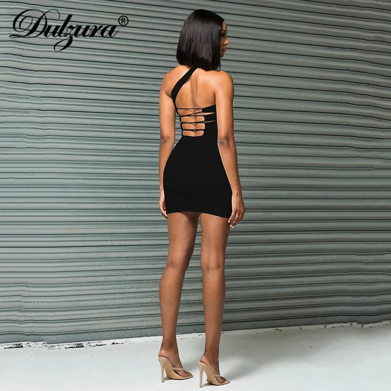 Lace Up Bandage Cross Slit Mini One Shoulder Sleeveless Bodycon Backless Streetwear Party Club Dress