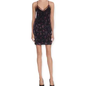 Laced V Neck Black Floral Velvet Mini Dress