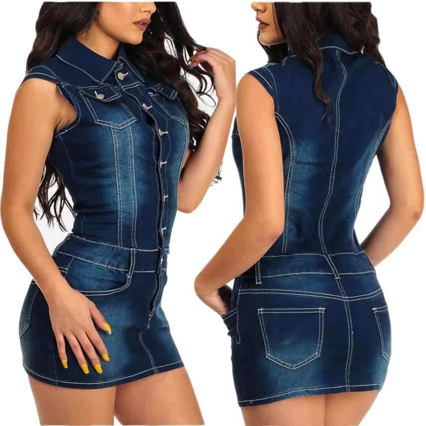 Lapel Collar Side Slant Pocket Buttoned Bodycon Denim Dress