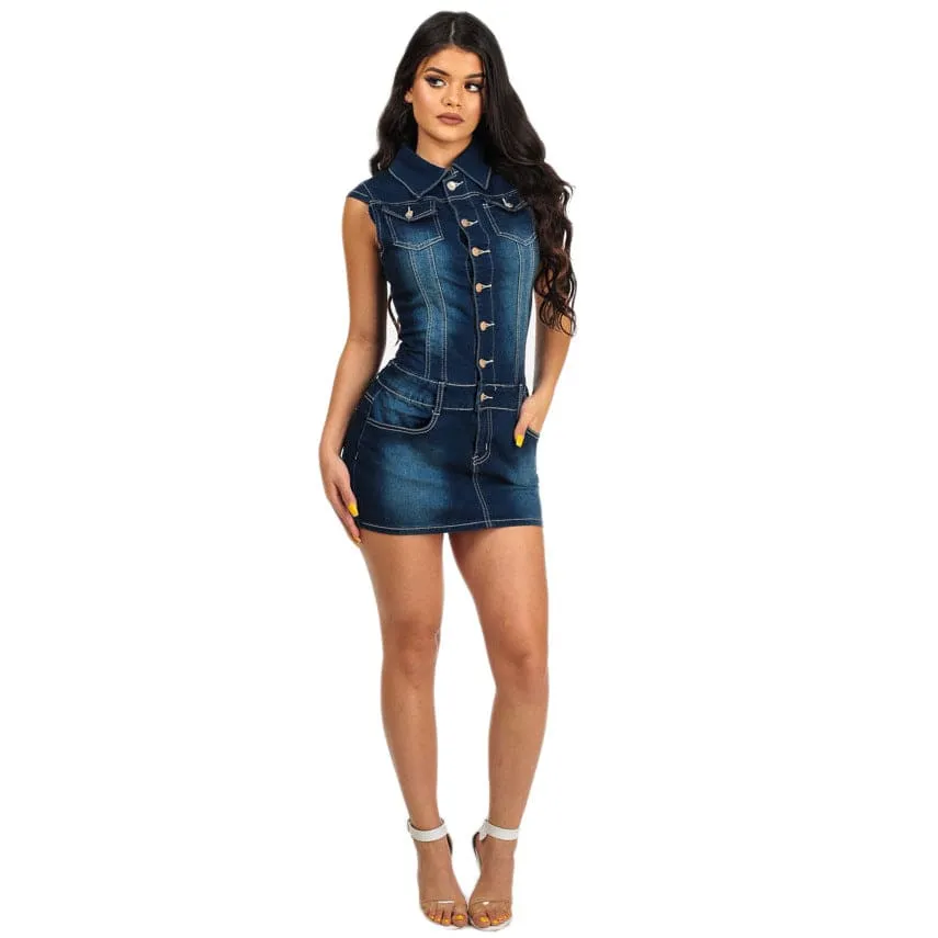 Lapel Collar Side Slant Pocket Buttoned Bodycon Denim Dress