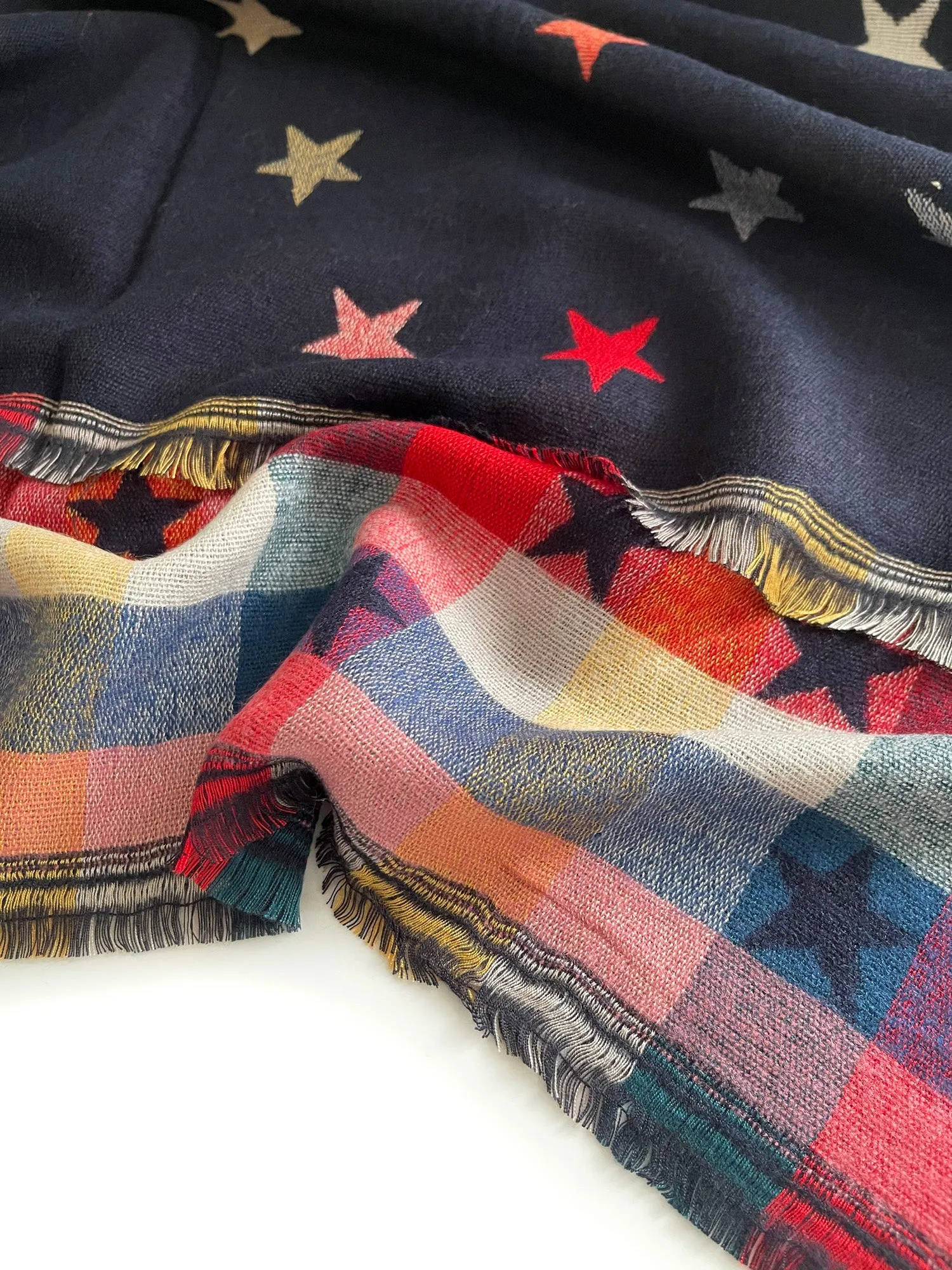 LARGE NAVY BLUE STAR PRINT REVERSIBLE WINTER SHAWL BLANKET SCARF