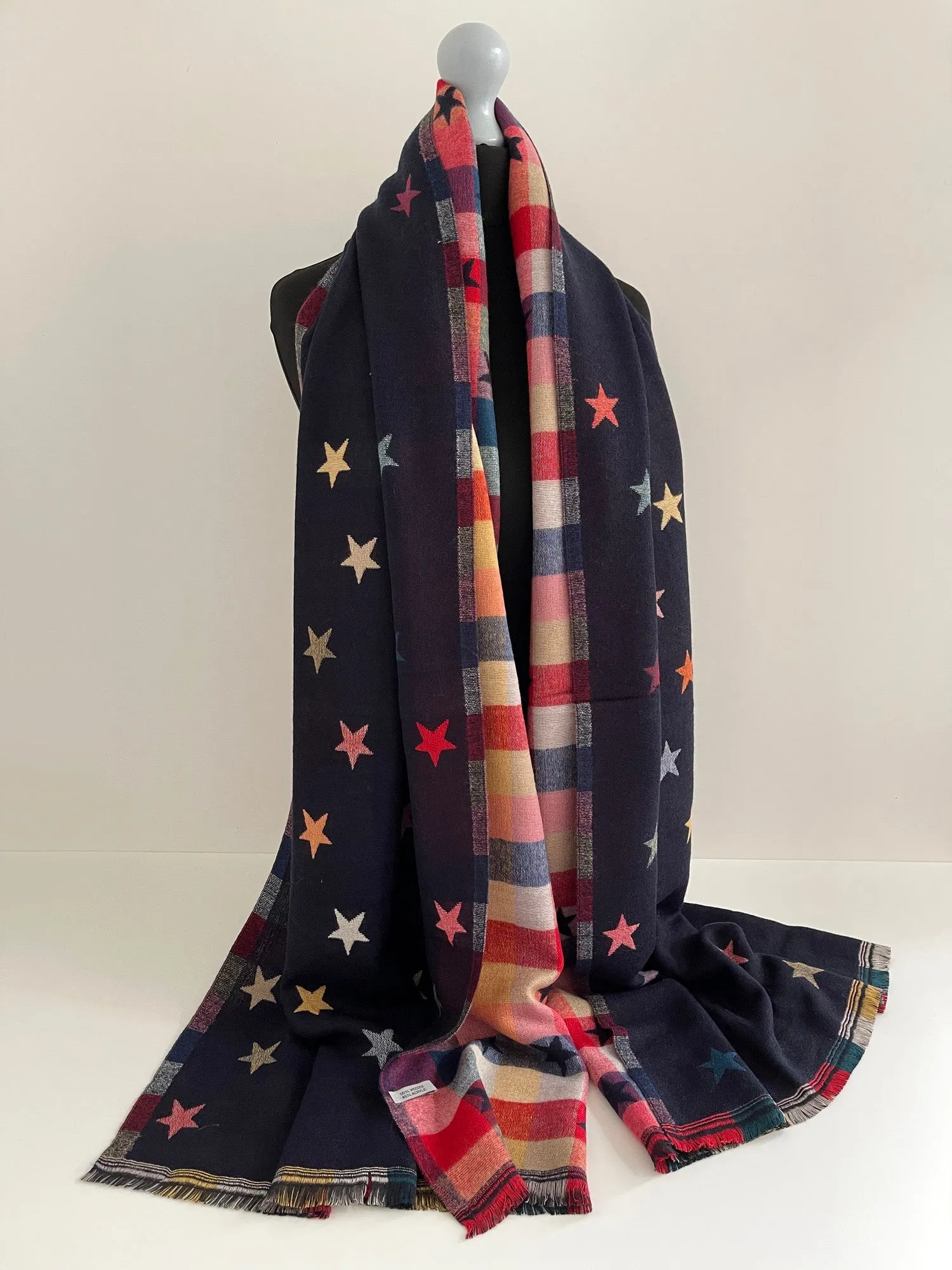 LARGE NAVY BLUE STAR PRINT REVERSIBLE WINTER SHAWL BLANKET SCARF