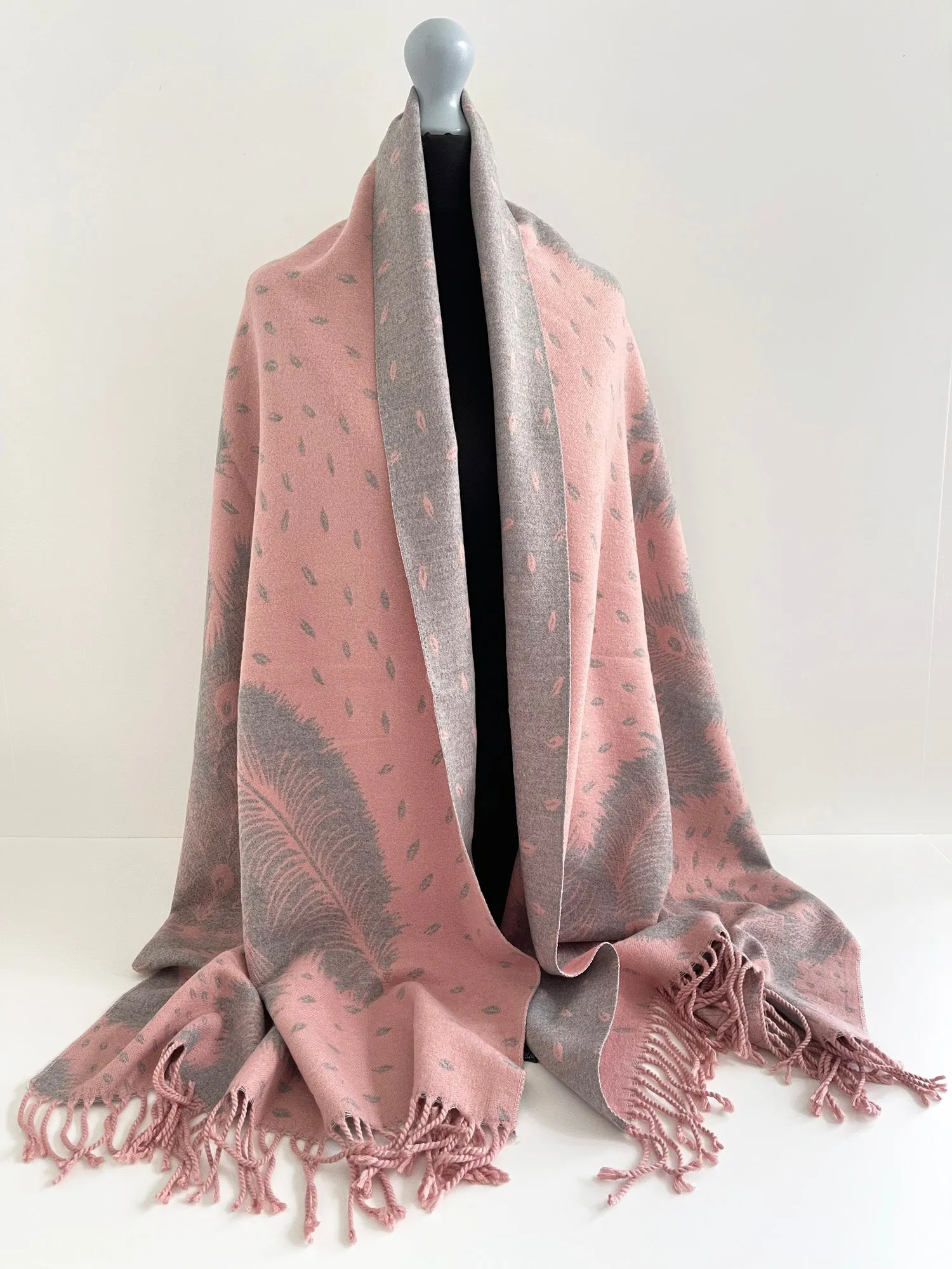 LARGE PINK CASHMERE FEATHER PRINT REVERSIBLE WINTER SHAWL BLANKET SCARF