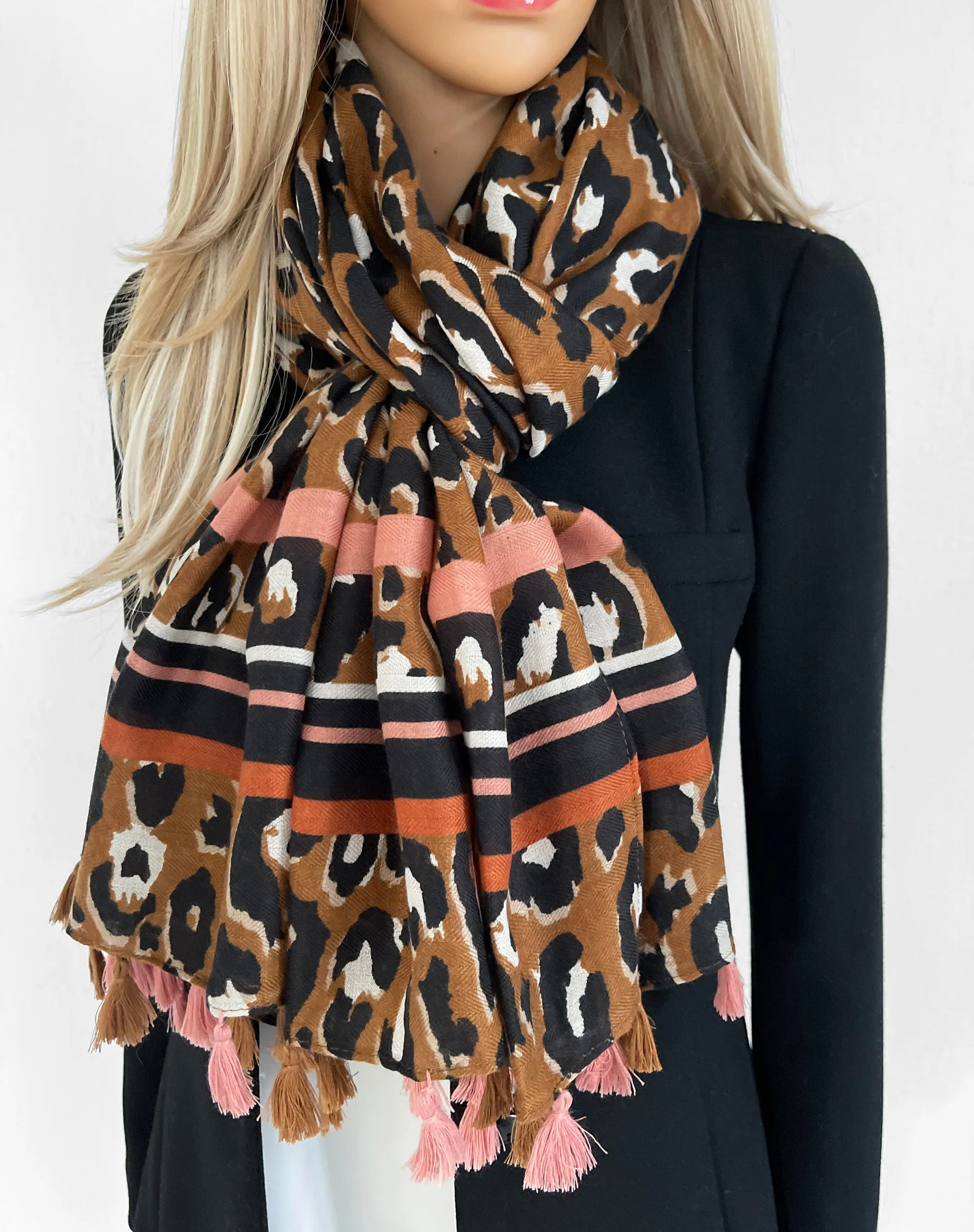 LARGE TAN BROWN TRIBAL LEOPARD PRINT SCARF WITH TASSELS