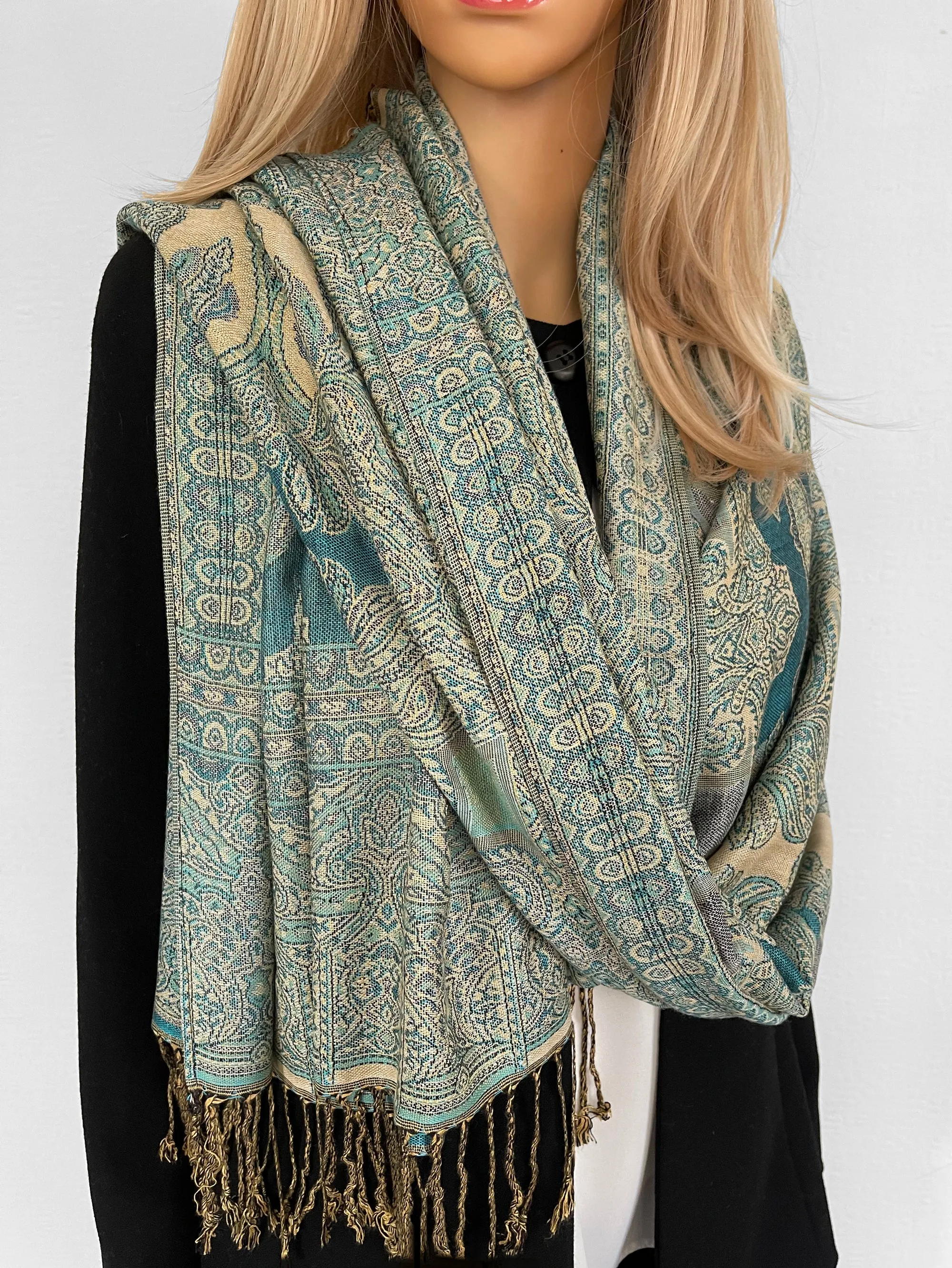 LARGE TEAL REVERSIBLE GEOMETRIC PAISLEY PRINT PASHMINA SHAWL SCARF WRAP