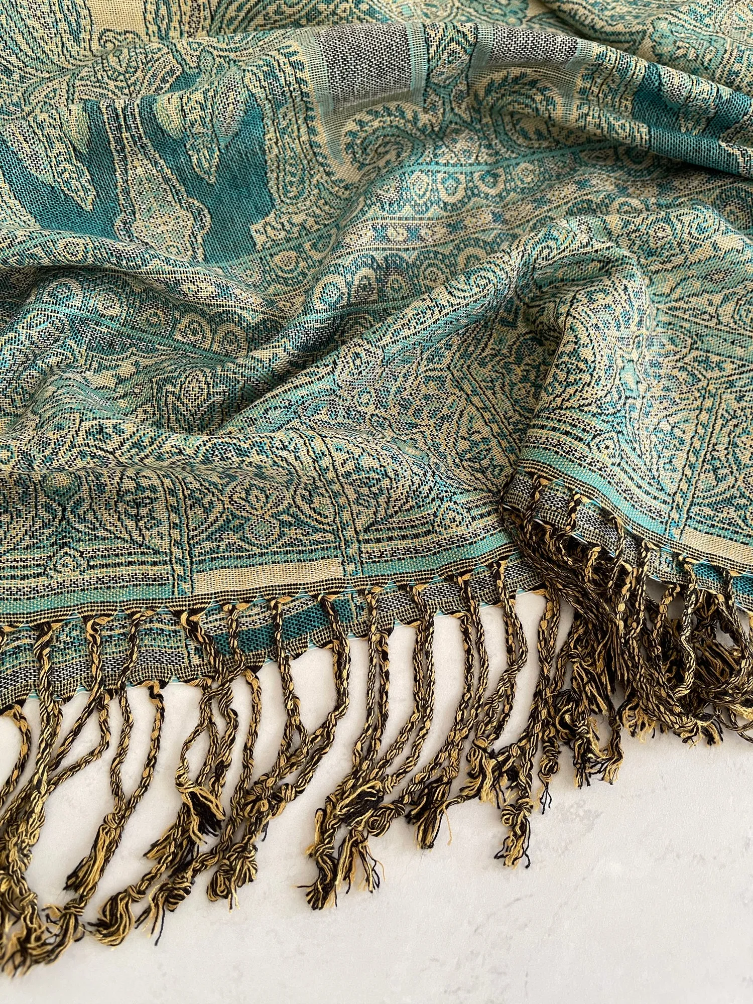 LARGE TEAL REVERSIBLE GEOMETRIC PAISLEY PRINT PASHMINA SHAWL SCARF WRAP