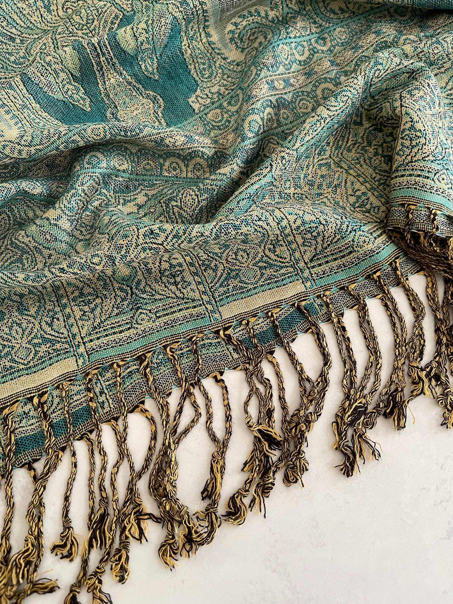 LARGE TEAL REVERSIBLE GEOMETRIC PAISLEY PRINT PASHMINA SHAWL SCARF WRAP