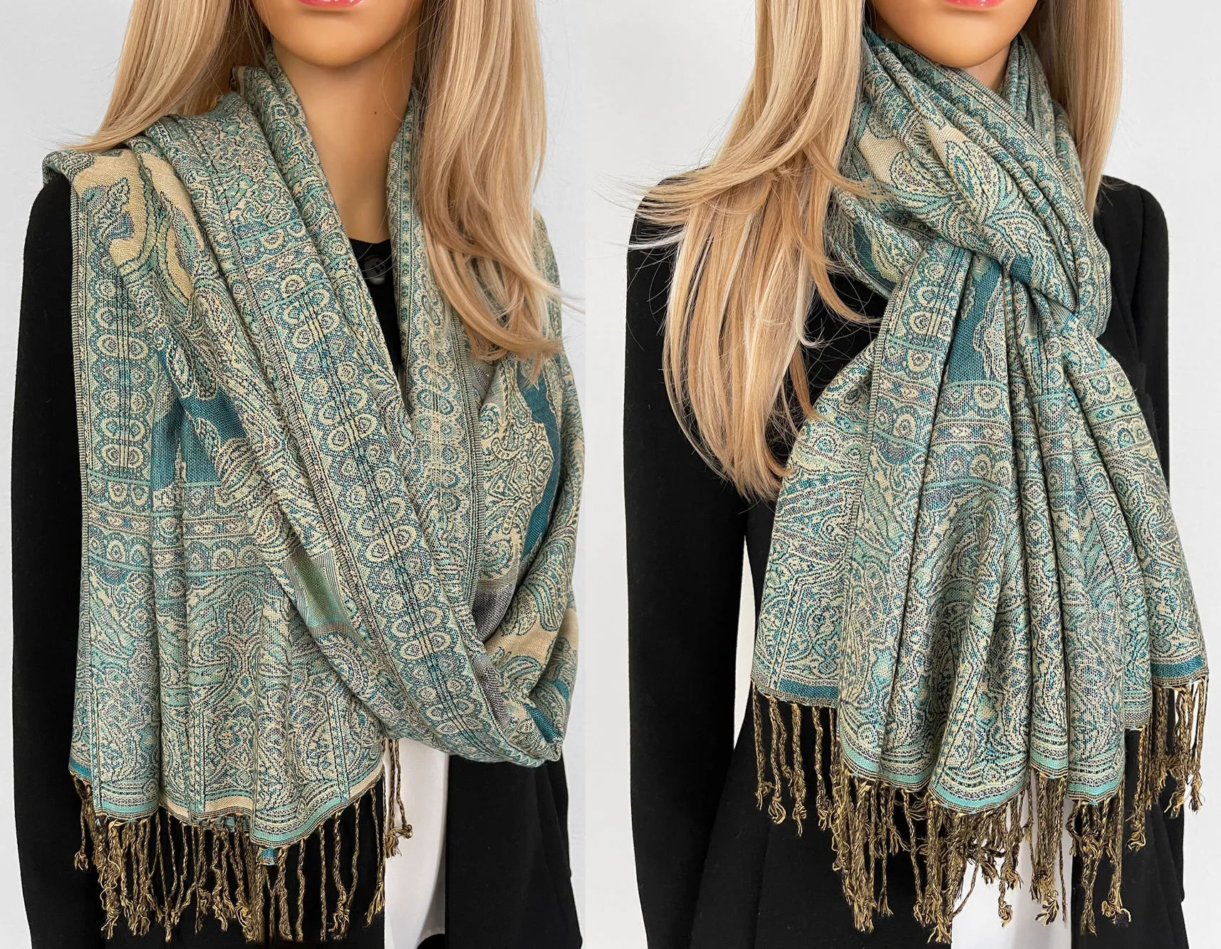 LARGE TEAL REVERSIBLE GEOMETRIC PAISLEY PRINT PASHMINA SHAWL SCARF WRAP