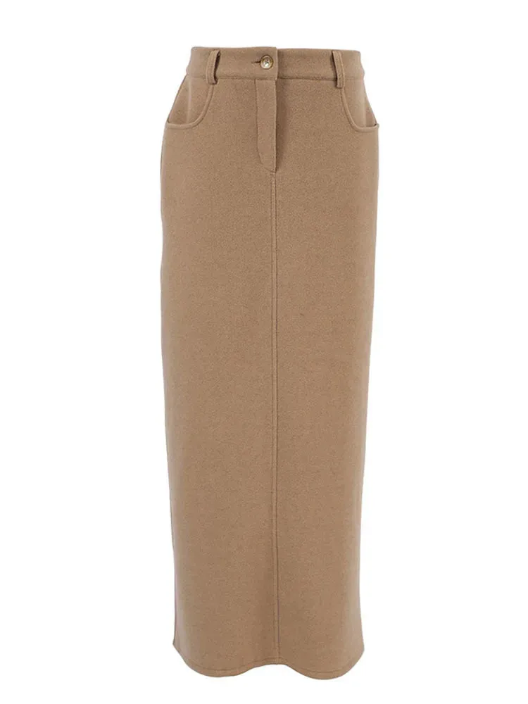 Light Brown Woolen High Waist Maxi Skirt