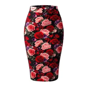 LVSANW 2024 New European Red Rose Flower Print Summer Women Pencil Skirts Lady Midi Saias Female Black Faldas Girls Slim Bottoms S-2XL