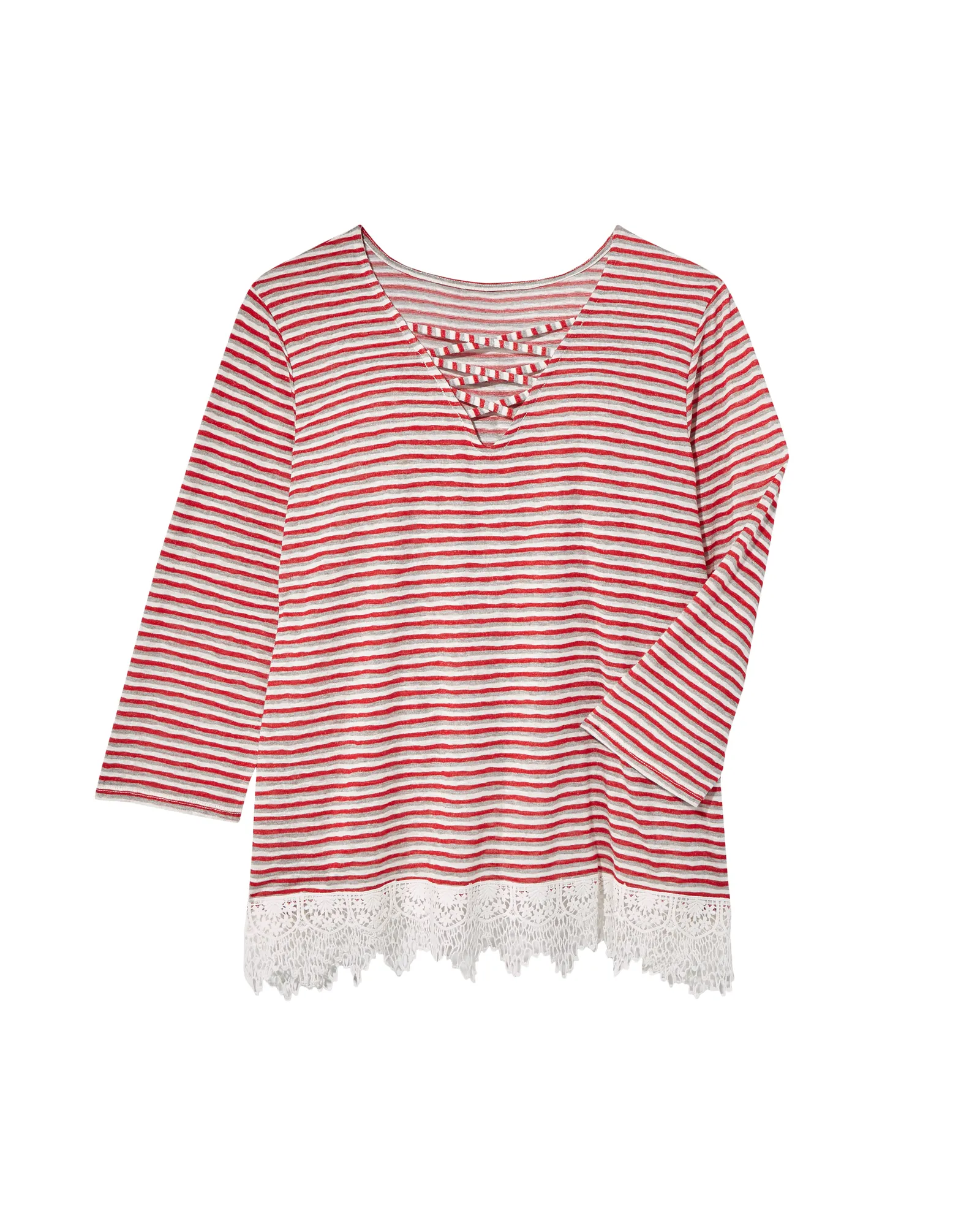 Marissa 3/4 Sleeve Cut Out Top with Lace Hem | Red / White