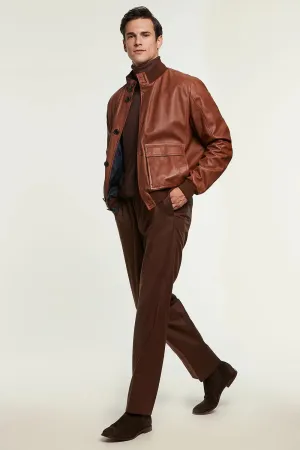 Mens cognac leather bomber jacket