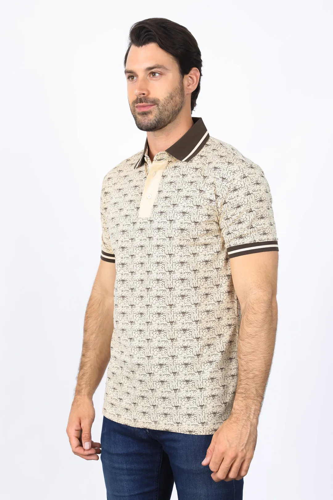 Mens Premium Cotton Beige Polo Shirt with Print