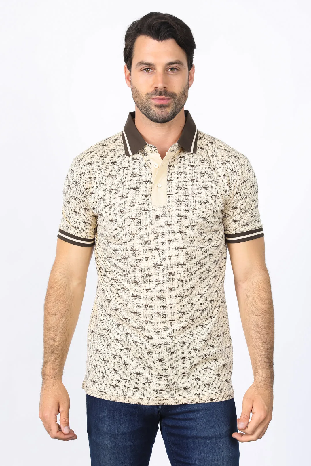 Mens Premium Cotton Beige Polo Shirt with Print