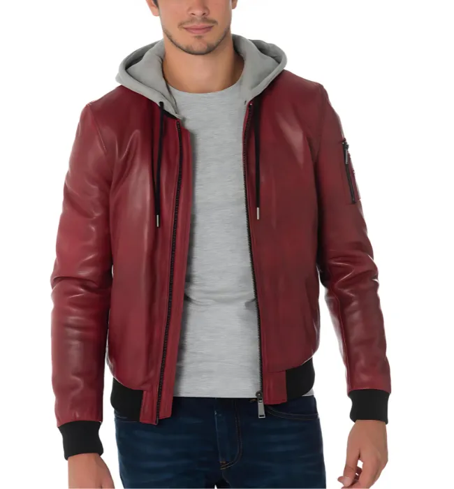 Mens Red hooded stylish bomber leather jacket