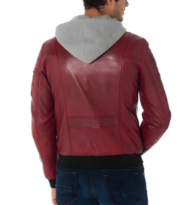 Mens Red hooded stylish bomber leather jacket