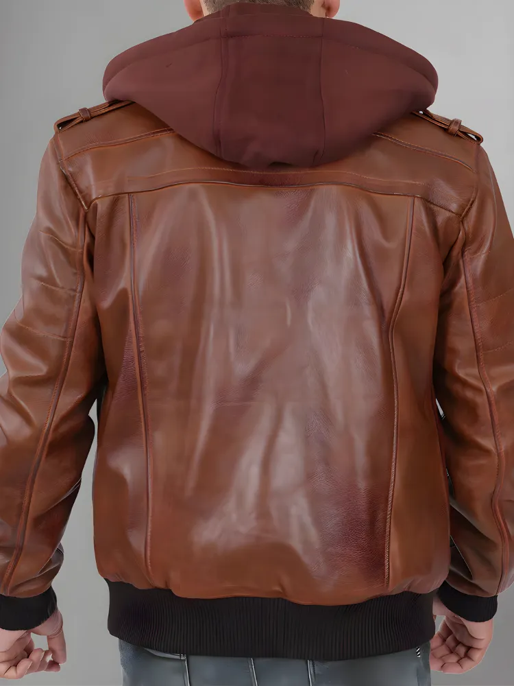 Mens Removable Hood Bomber Leather Jacket