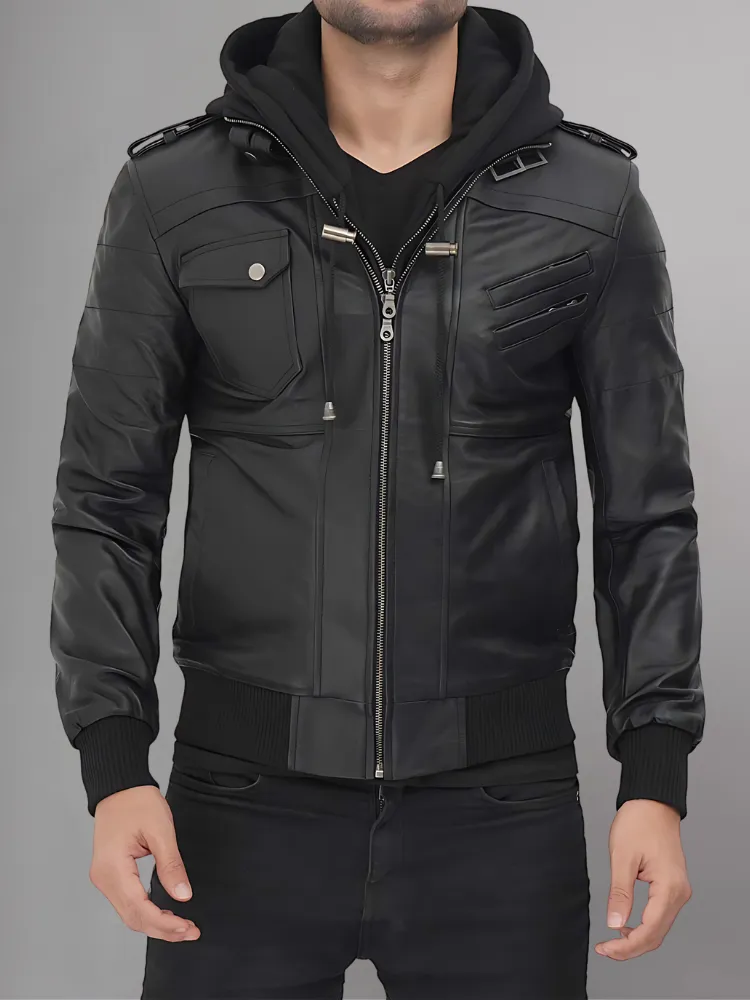 Mens Removable Hood Bomber Leather Jacket