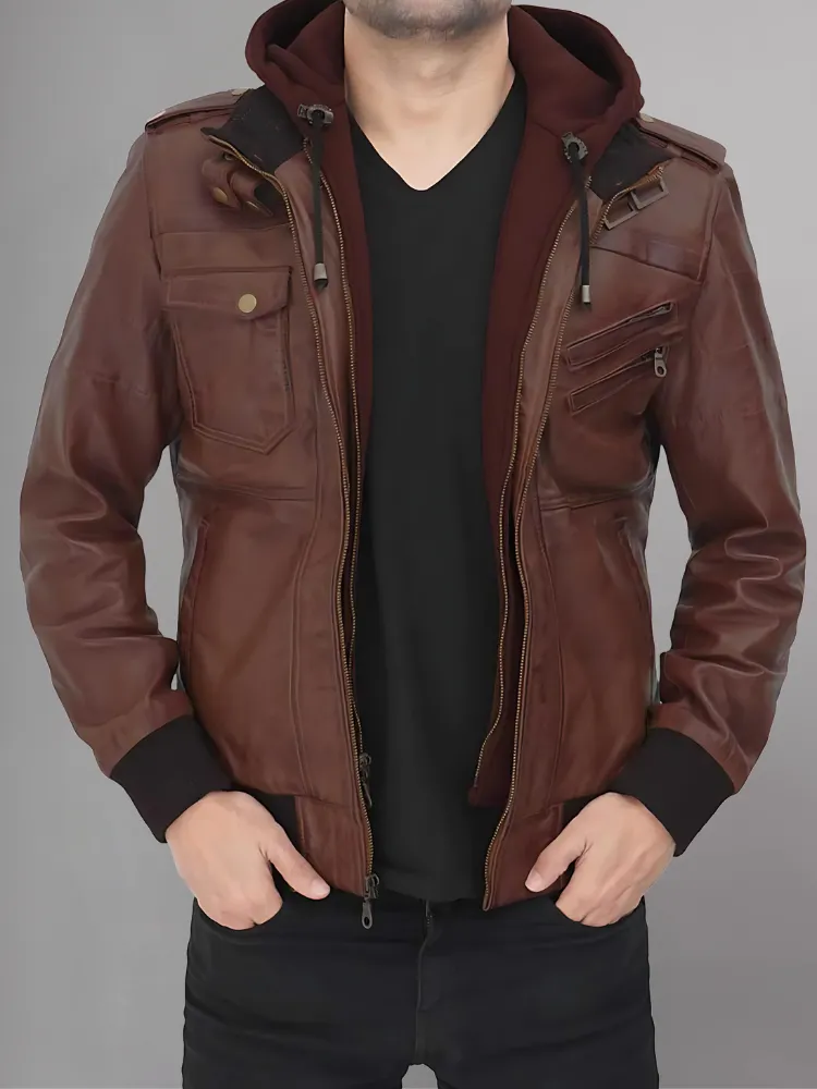 Mens Removable Hood Bomber Leather Jacket