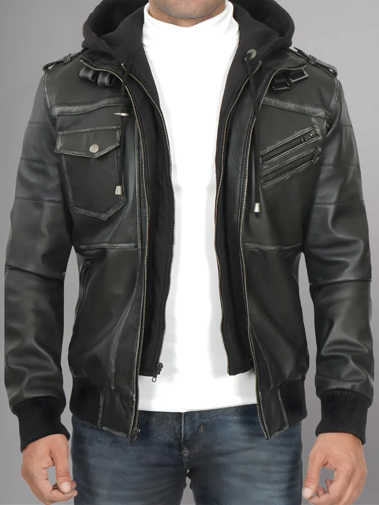 Mens Removable Hood Bomber Leather Jacket