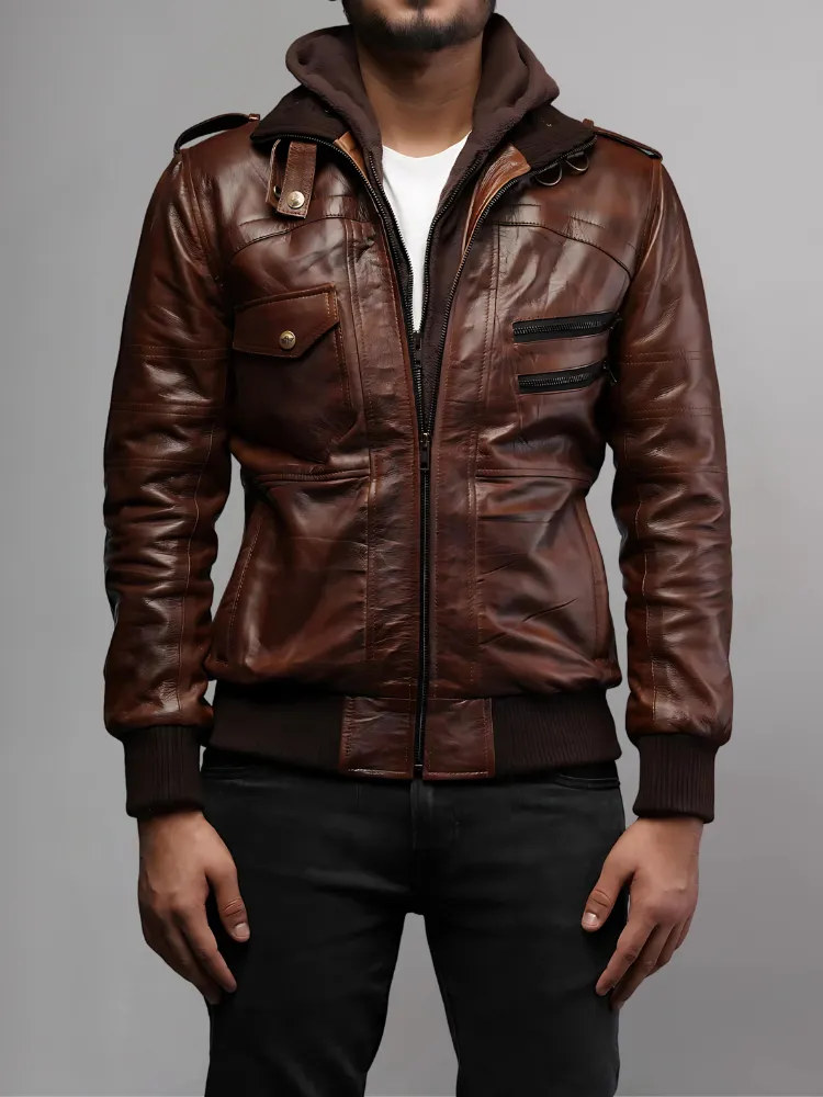 Mens Removable Hood Bomber Leather Jacket