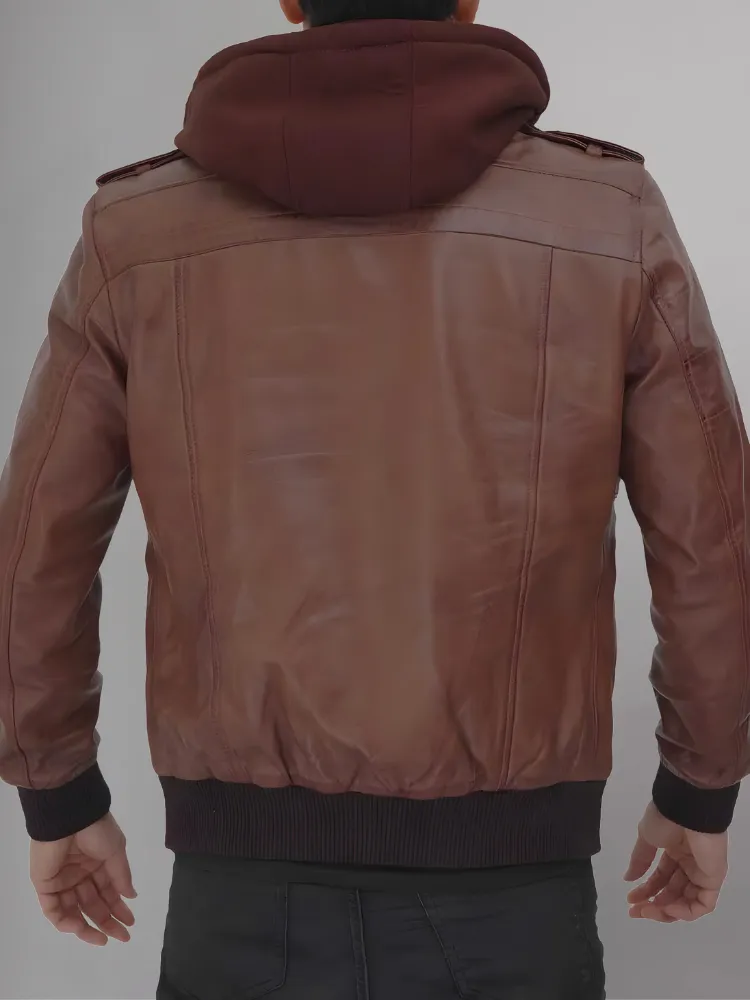 Mens Removable Hood Bomber Leather Jacket