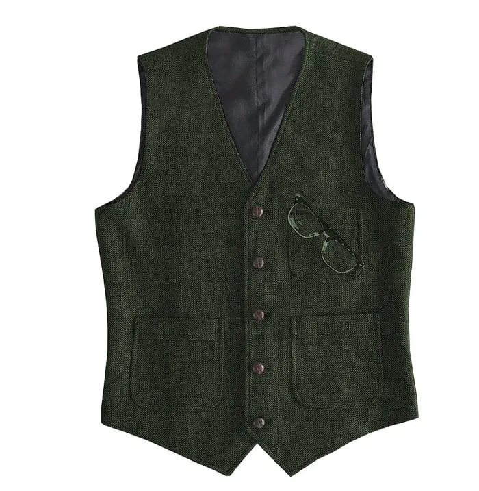 Men's Tweed Herringbone Vintage V Neck Waistcoat