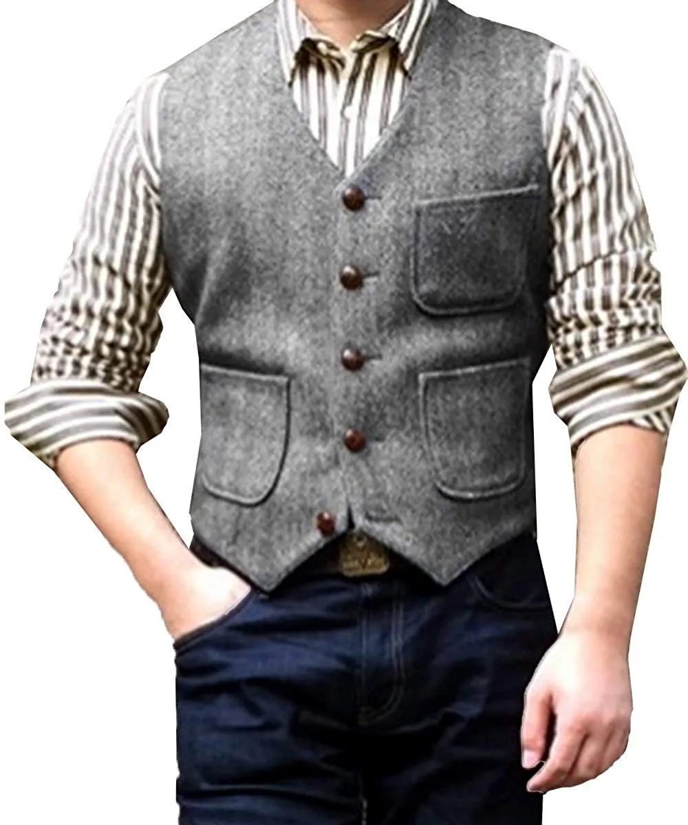 Men's Tweed Herringbone Vintage V Neck Waistcoat