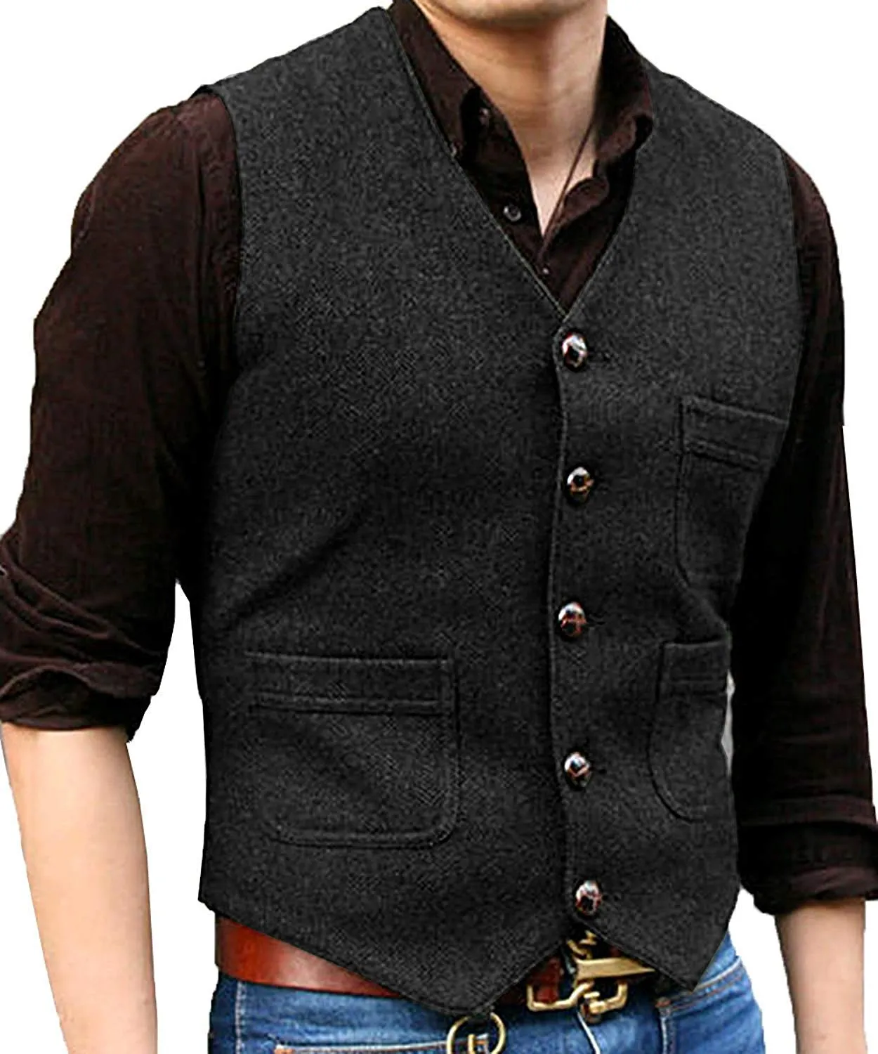 Men's Tweed Herringbone Vintage V Neck Waistcoat