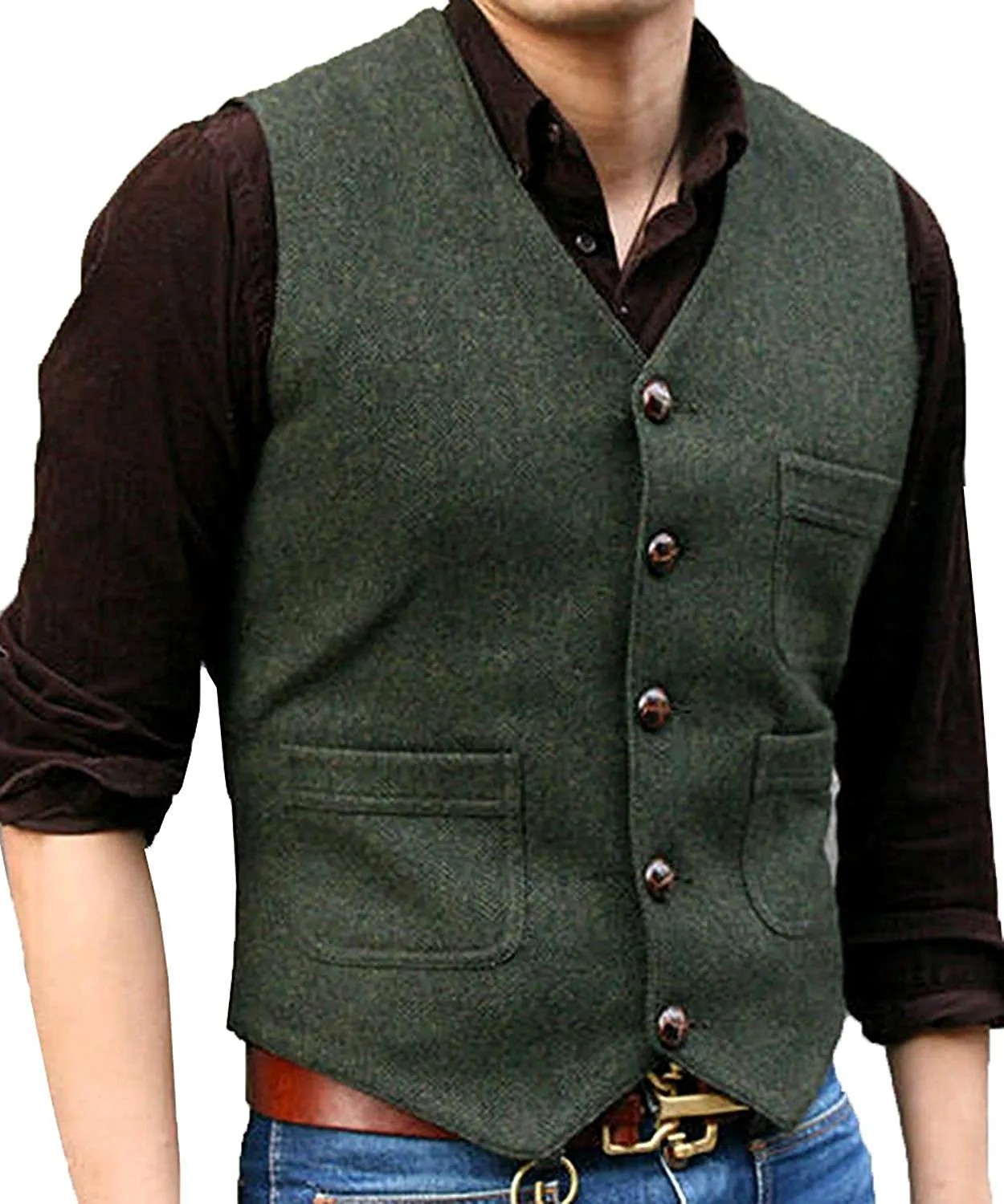 Men's Tweed Herringbone Vintage V Neck Waistcoat