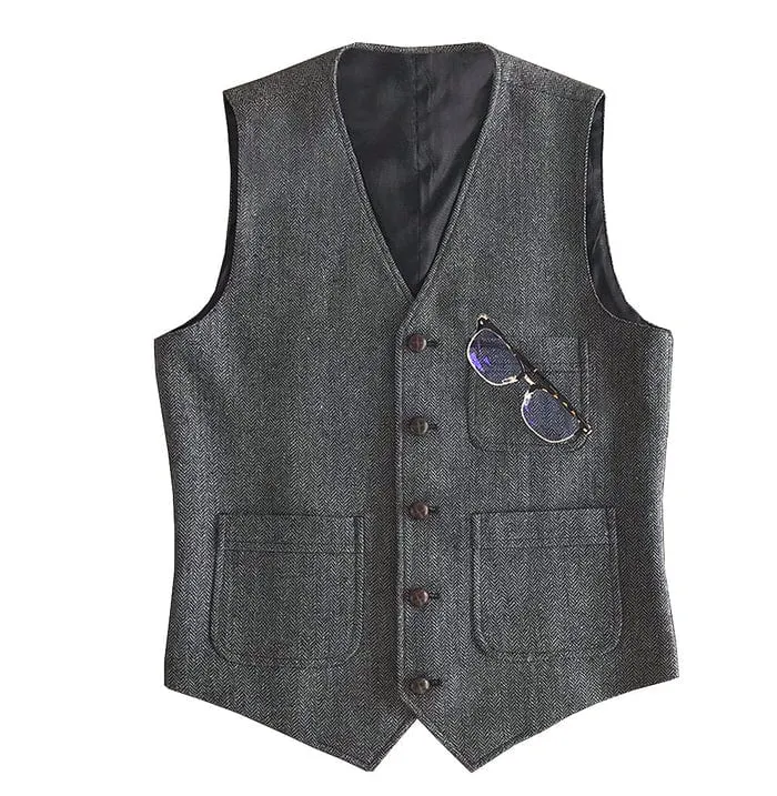 Men's Tweed Herringbone Vintage V Neck Waistcoat