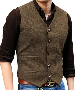 Men's Tweed Herringbone Vintage V Neck Waistcoat