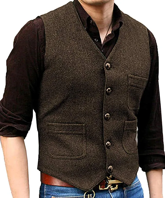 Men's Tweed Herringbone Vintage V Neck Waistcoat