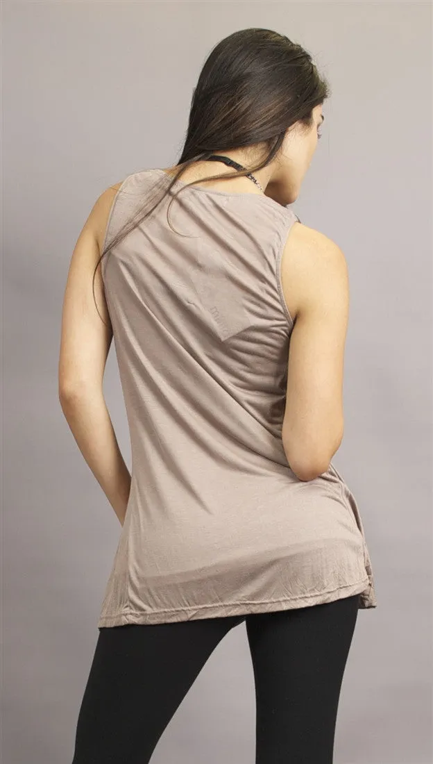 Miilla Sleeveless Over-Top Shawl Draped Open Top in Brown